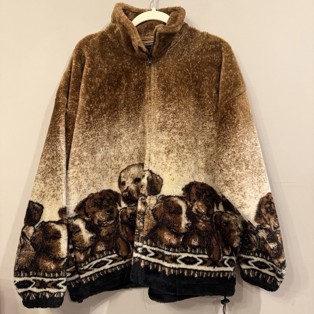 Vtg 90s Cobblestone Canyon Puppy Dog Fleece Jacket Sz L AOP Sweater Soft Cozy